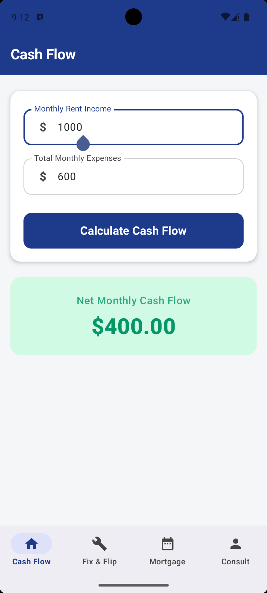 Cash flow calculator screen showing positive monthly cash flow