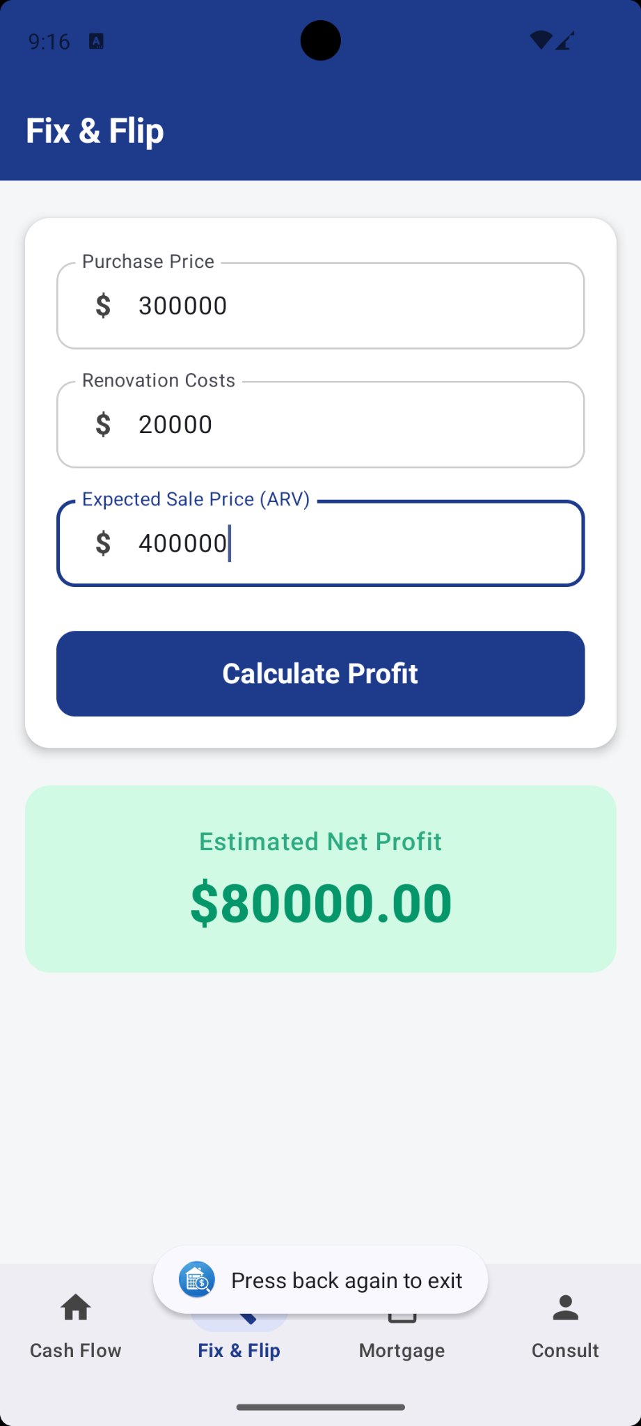 Fix and flip screen showing estimated net profit